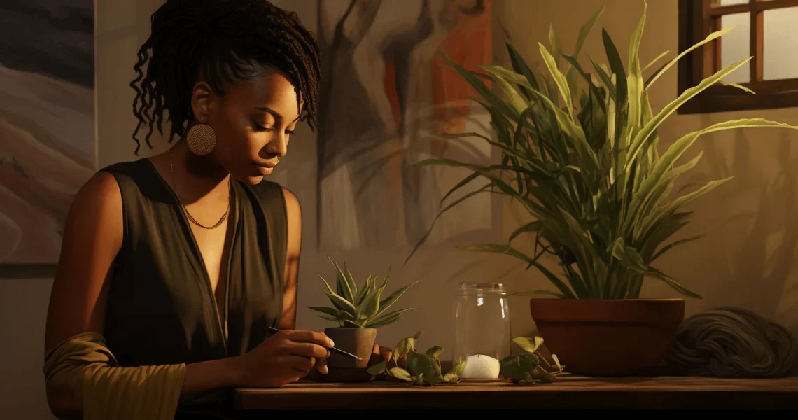 A woman is feeding and nourishing her indoor plant