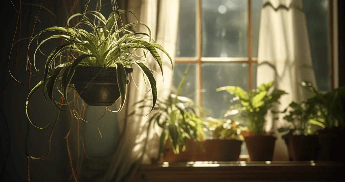 A spider plant pot hanging from the ceiling of a living room