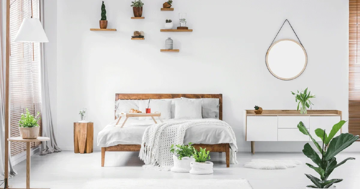 shelves on headboard of a bed